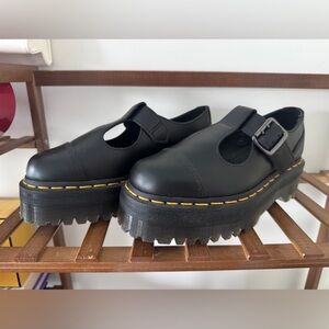 Dr. Martens Black Leather Mary Jane Platform Shoes with Yellow Stitching